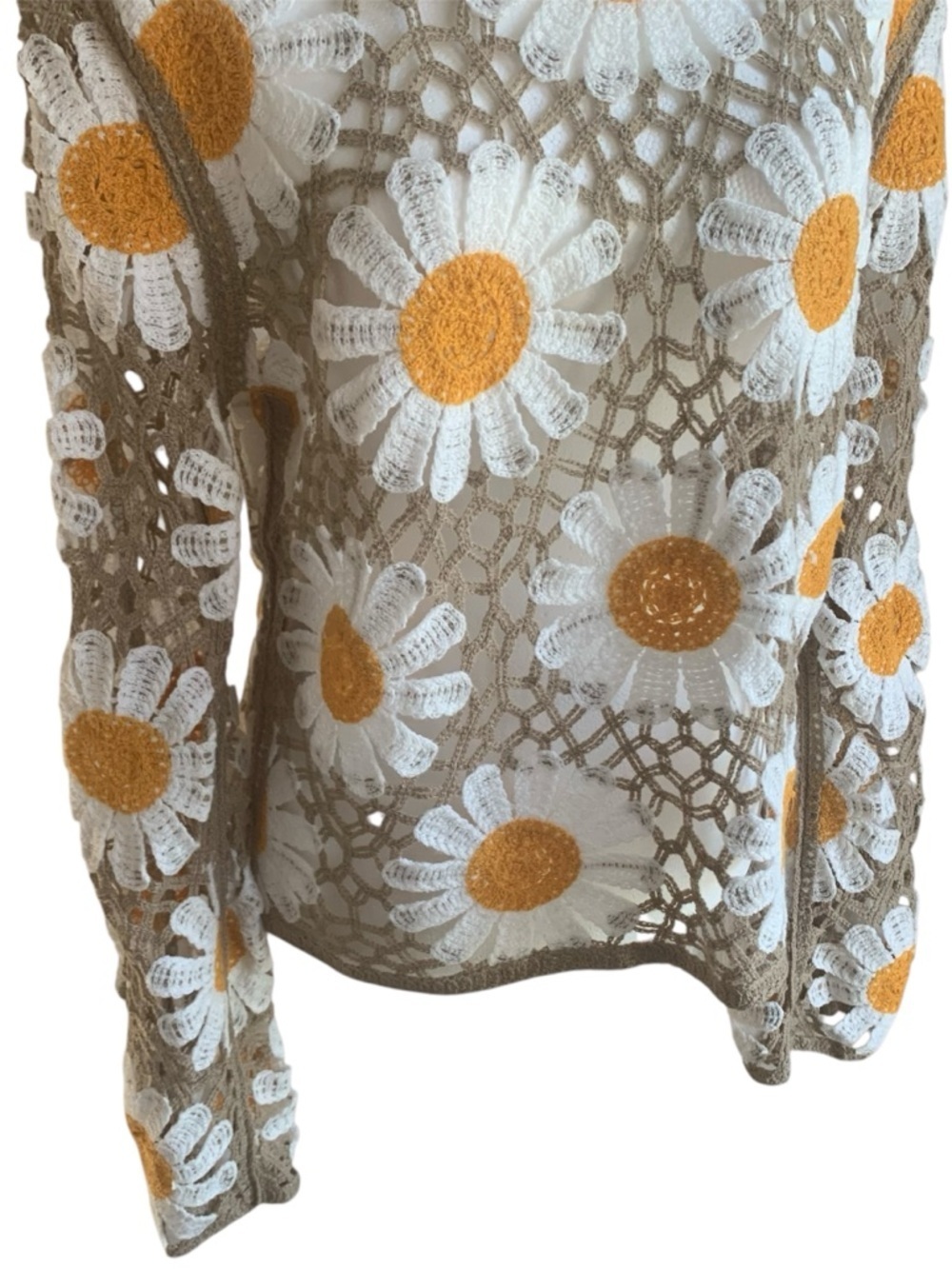🌼Crochet Daisy Lace Sheer Top Long Sleeve White Yellow Taupe L - Picture 9 of 14